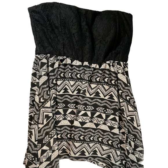 Strapless Black Lace Top w/ Black/White Print Chiffon Handkerchief Peplum - Picture 1 of 2